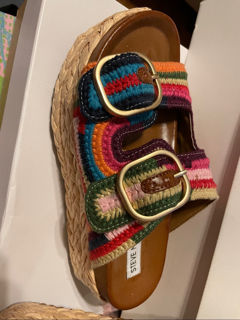 Steve Madden Multicolor Striped Embroidered Buckle Sandals - Picture 3 of 5